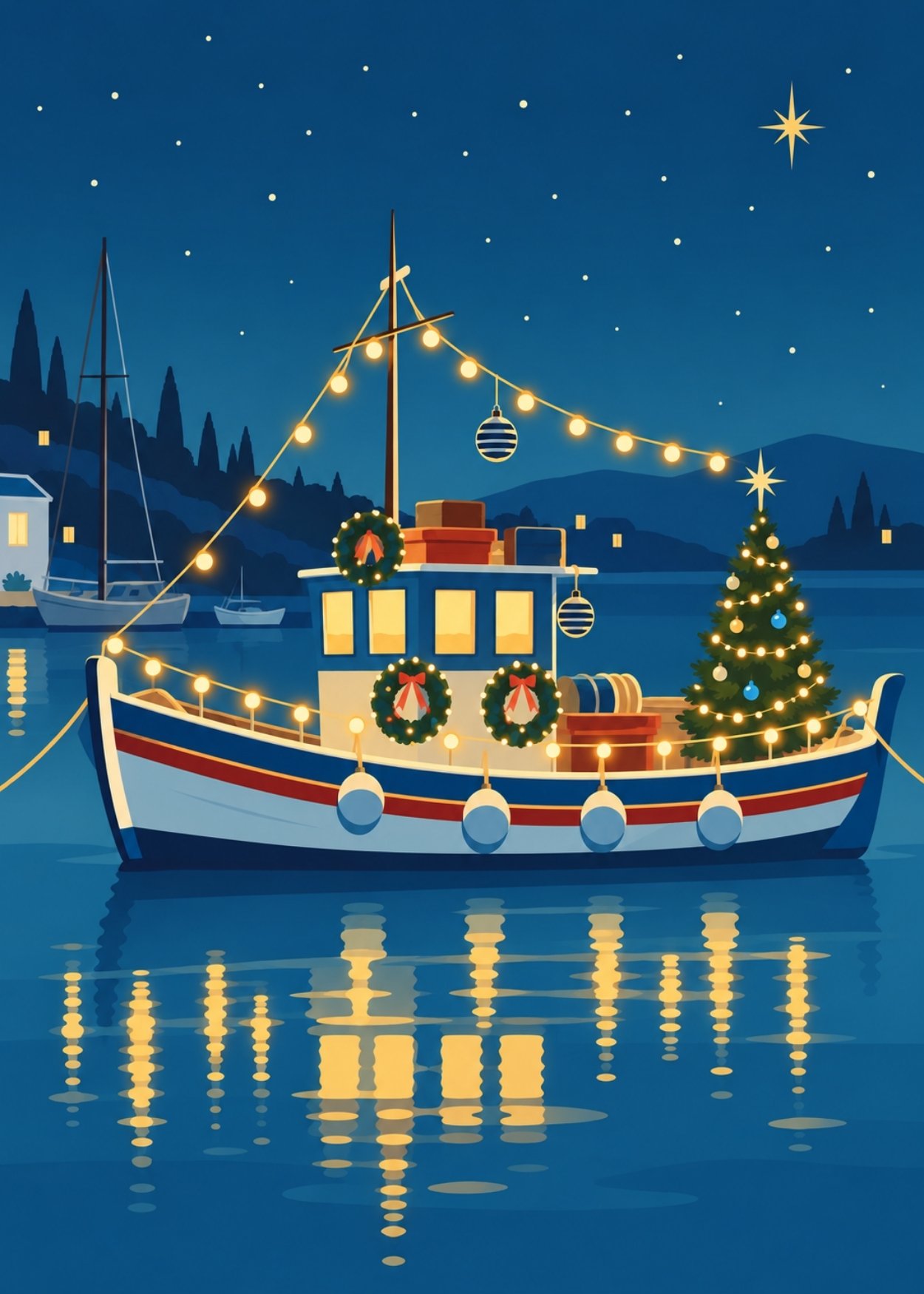 Christmas card – lit up traditional Greek boat