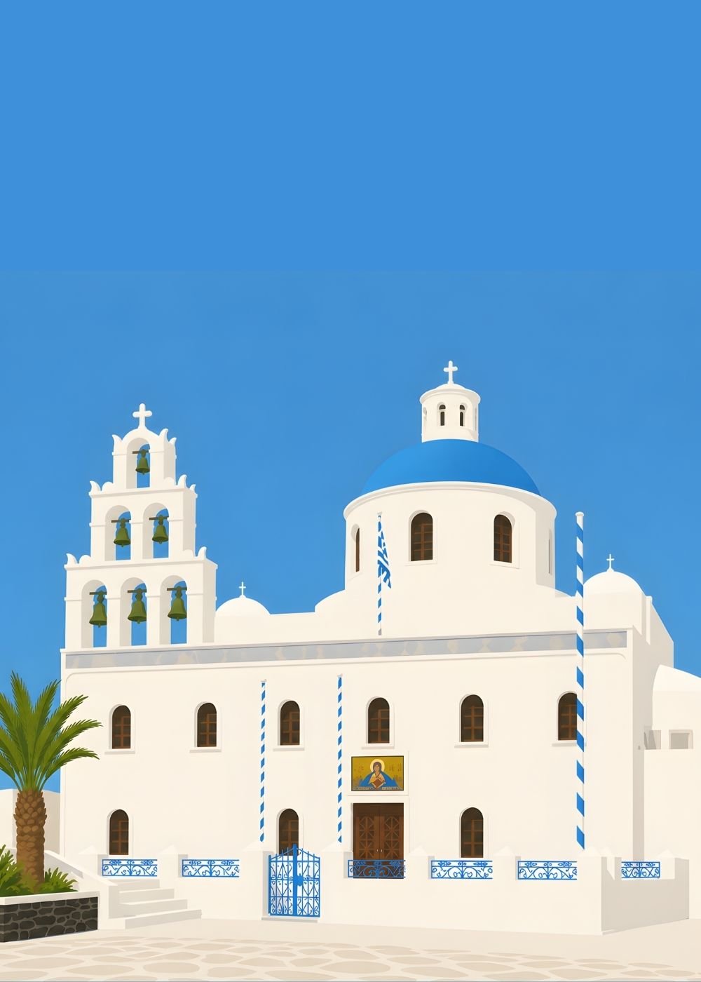 Blessing card – blue dome and bell tower, Santorini