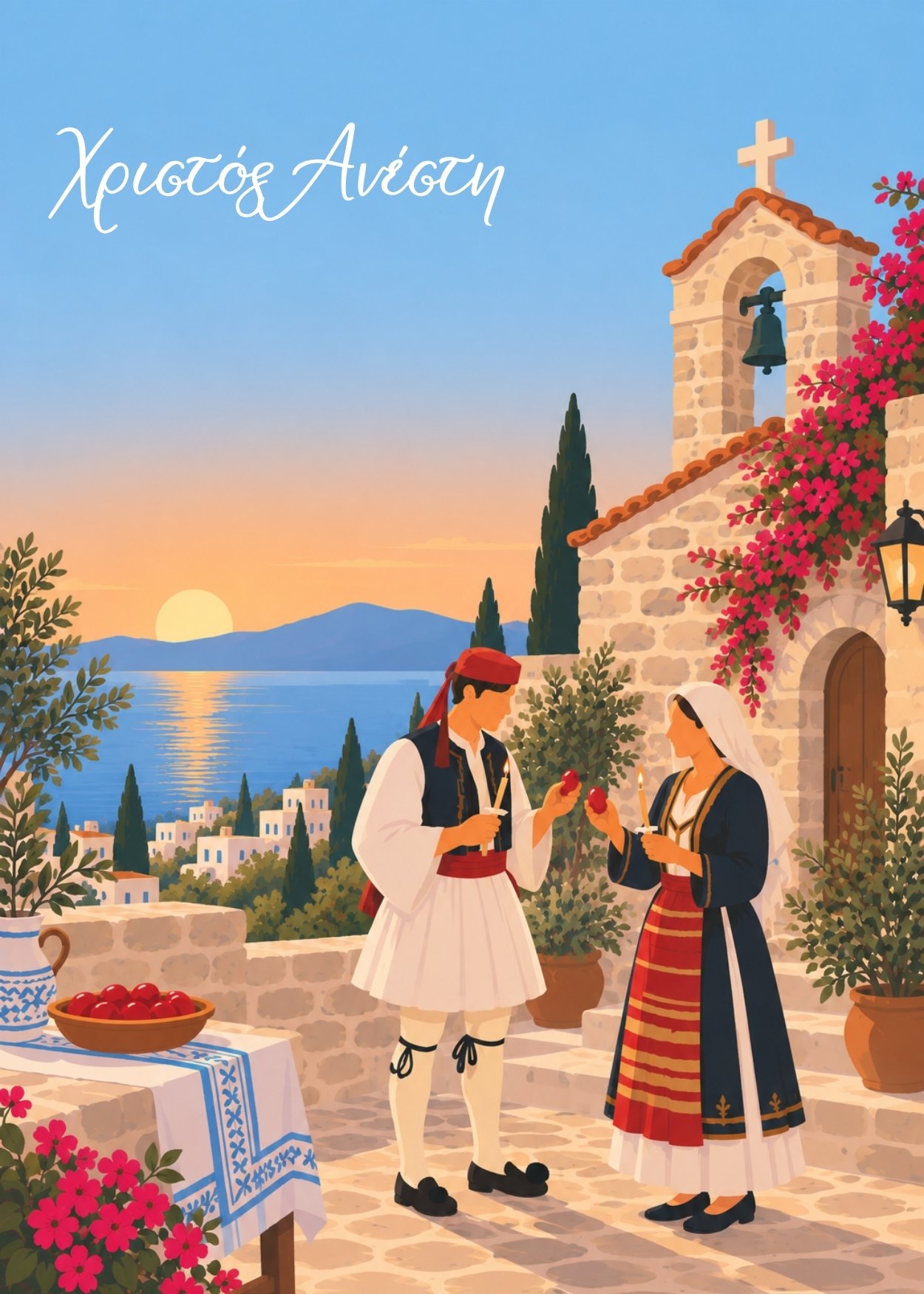Easter card – church and olive branches at sunset